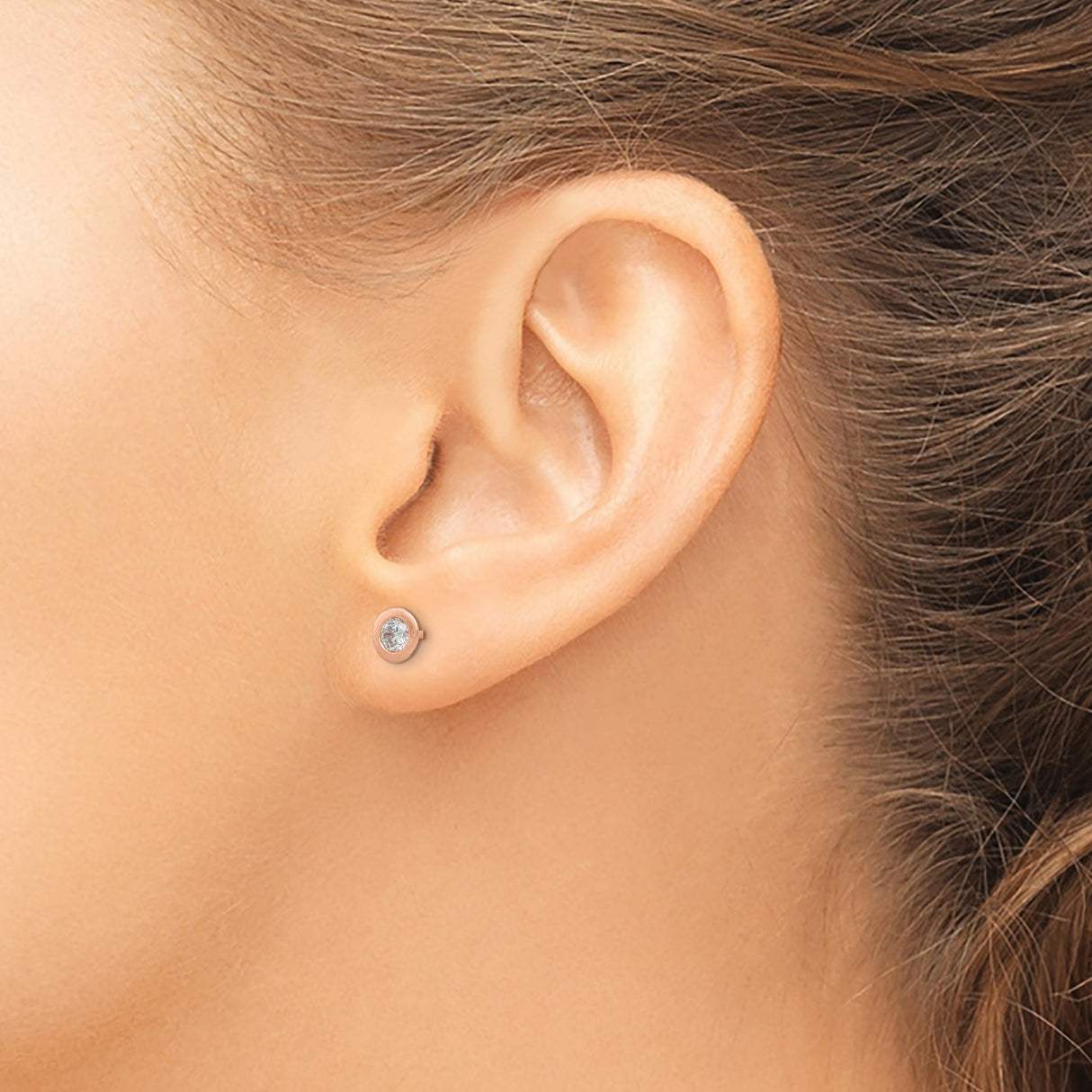 Sterling Silver Rose Gold Plated Stud Earrings with Round Cubic Zirconia, Minimalist Design