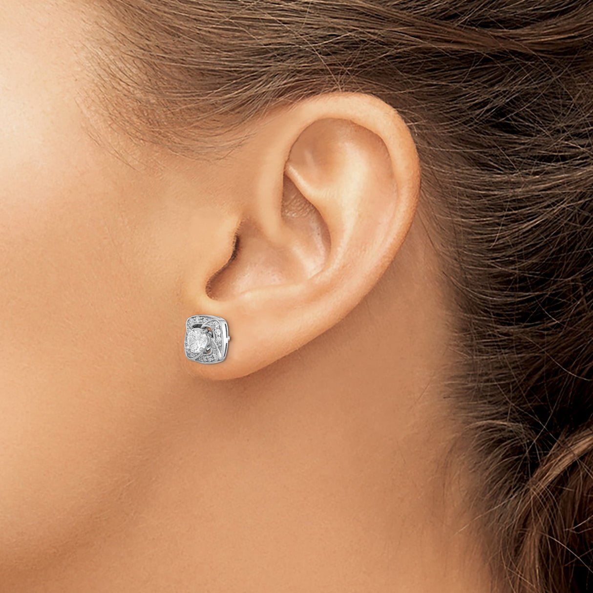 Sterling Silver Stud Earrings with Round Cut Cubic Zirconia and Floral Halo Design