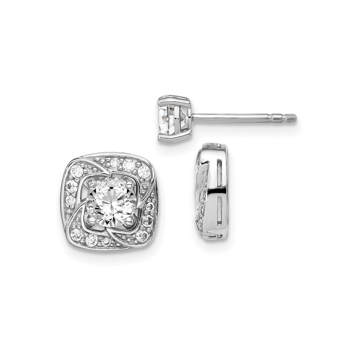 Sterling Silver Stud Earrings with Round Cut Cubic Zirconia and Floral Halo Design