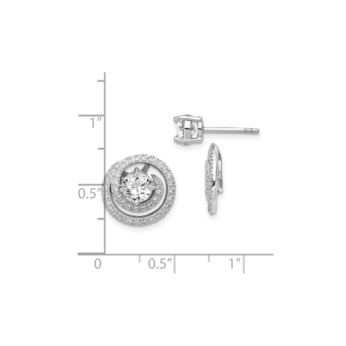 Sterling Silver Stud Earrings with Round Cubic Zirconia, Double Pavé Halo and Swirl Design