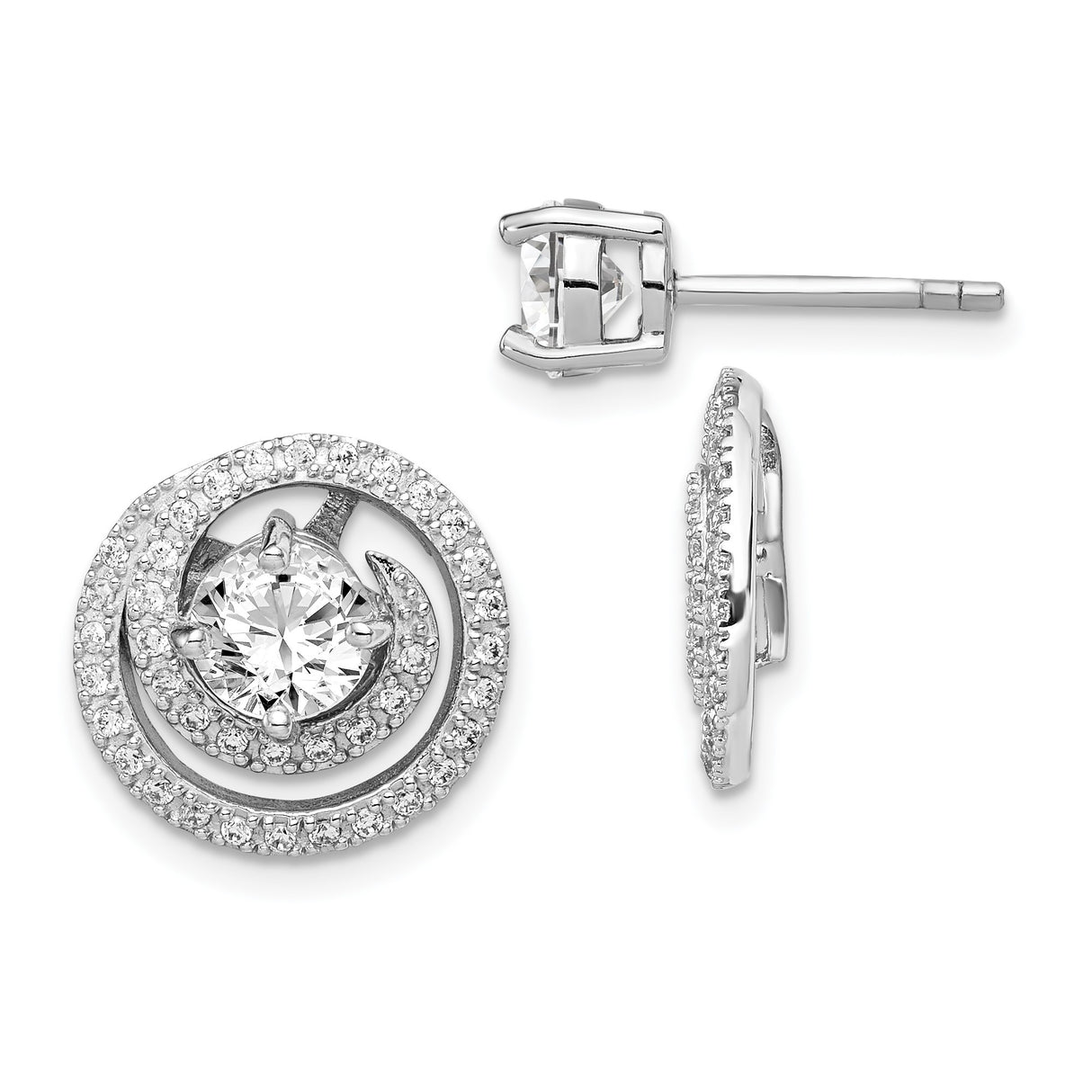 Sterling Silver Stud Earrings with Round Cubic Zirconia, Double Pavé Halo and Swirl Design