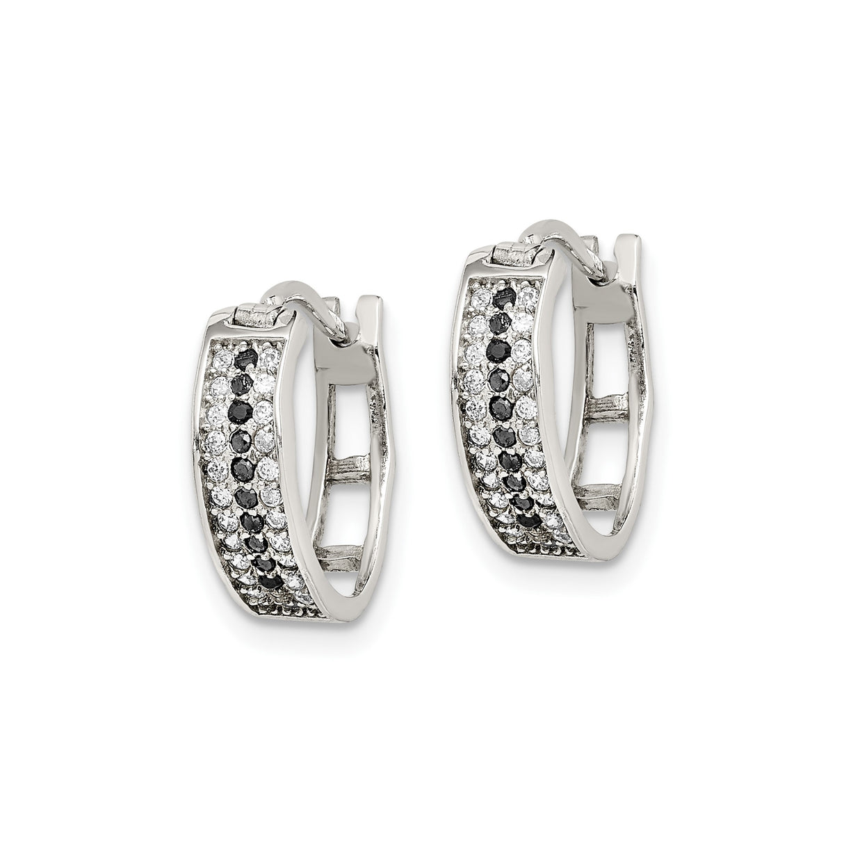 Sterling Silver Hoop Earrings with Black and White Cubic Zirconia, Modern Rectangular Design