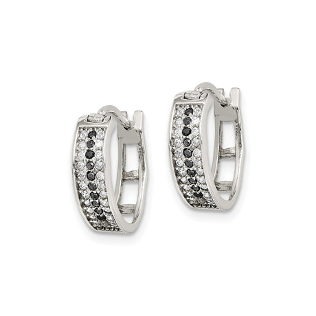 Sterling Silver Hoop Earrings with Black and White Cubic Zirconia, Modern Rectangular Design
