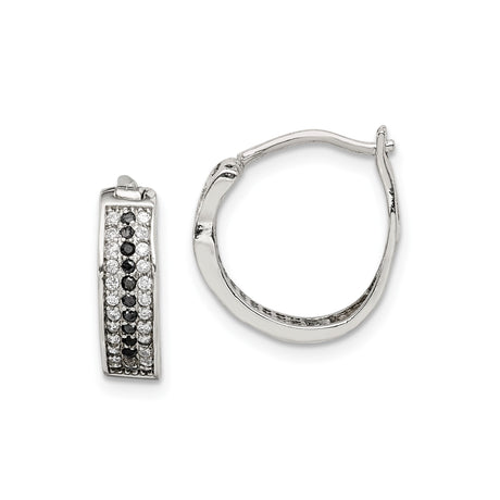 Sterling Silver Hoop Earrings with Black and White Cubic Zirconia, Modern Rectangular Design
