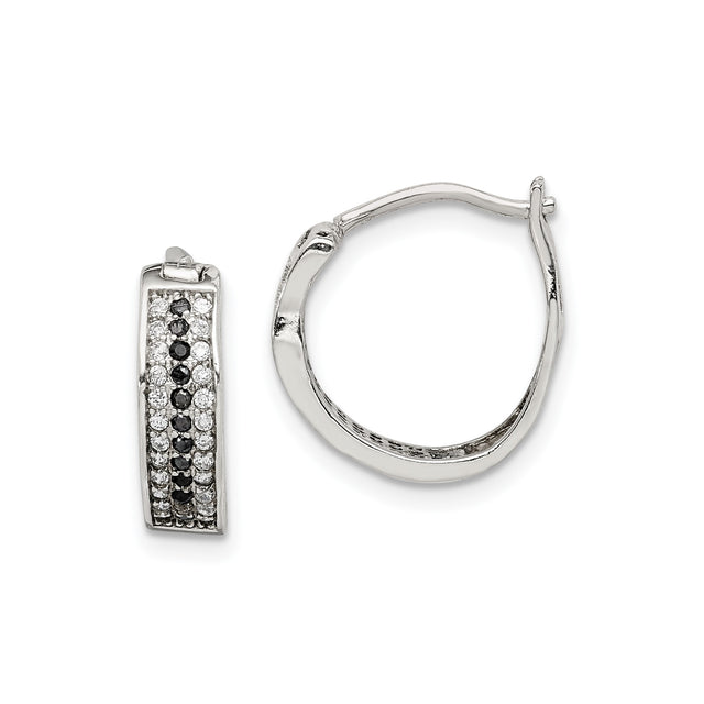 Sterling Silver Hoop Earrings with Black and White Cubic Zirconia, Modern Rectangular Design