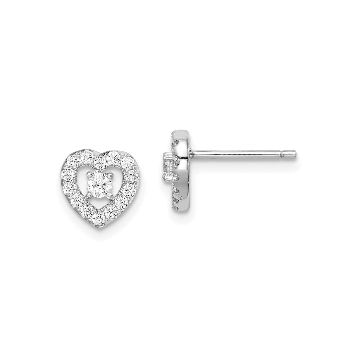 Sterling Silver Heart Stud Earrings with Cubic Zirconia and Halo Design
