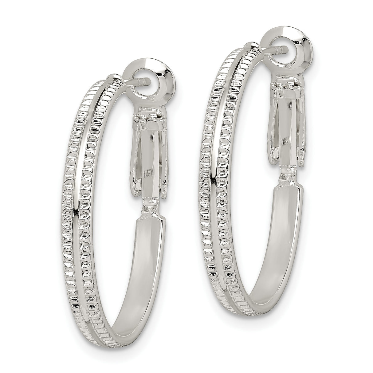 Sterling Silver Textured Hoop Earrings with Double Row Diamond Cut Detailing for Women