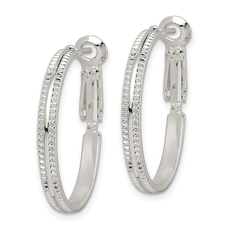 Sterling Silver Textured Hoop Earrings with Double Row Diamond Cut Detailing for Women