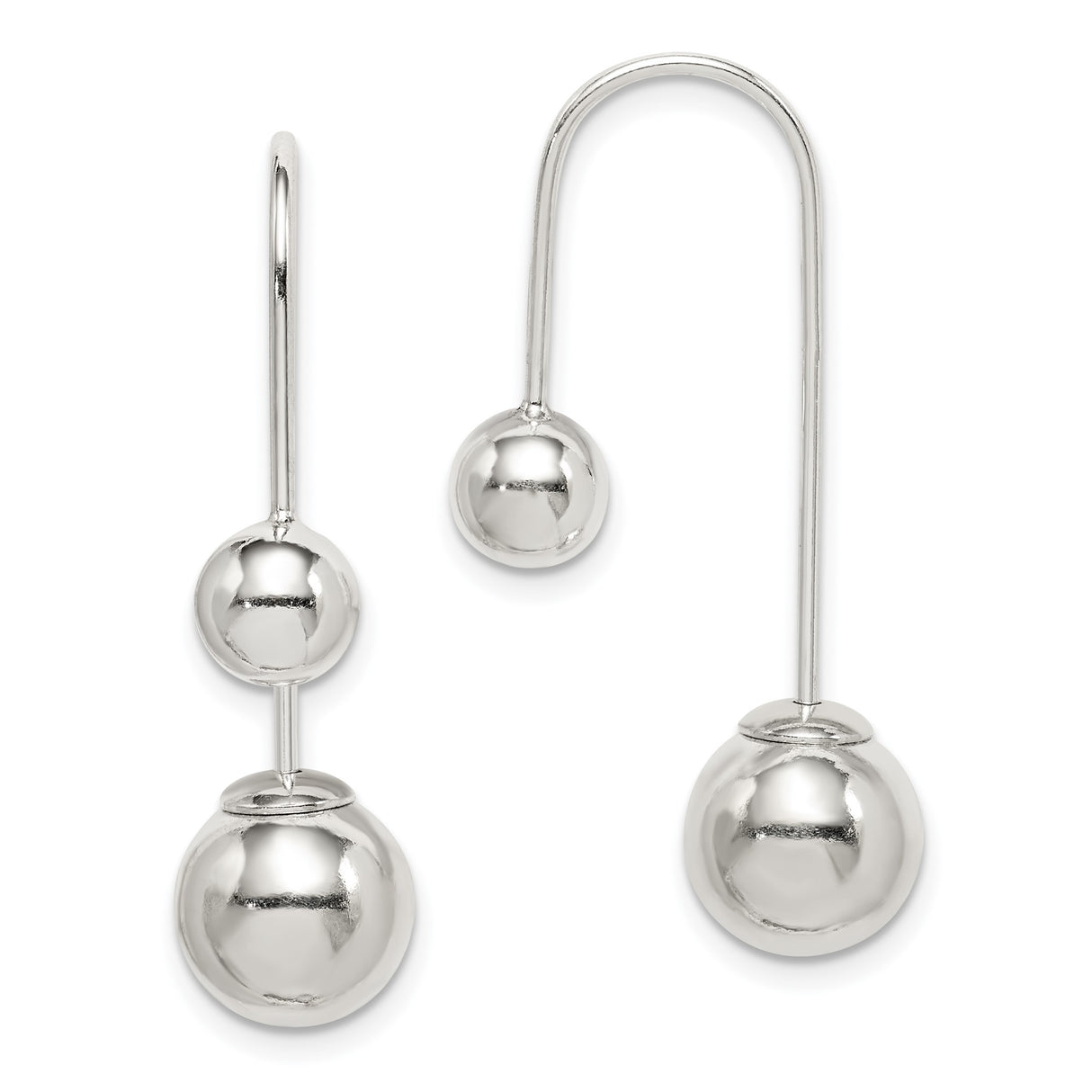 Sterling Silver Drop Earrings with Double Ball Accents, Asymmetrical Modern Design