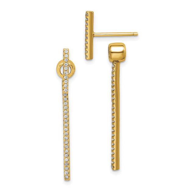 Sterling Silver Drop Earrings with Cubic Zirconia, Gold Plated Vertical Bar Design