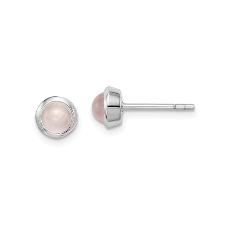Sterling Silver Stud Earrings with Round Rose Quartz Cabochon Stones in Bezel Setting, Minimalist Pink Gemstone Jewelry for Women, Natural Quartz Studs, Elegant Everyday Silver Earrings