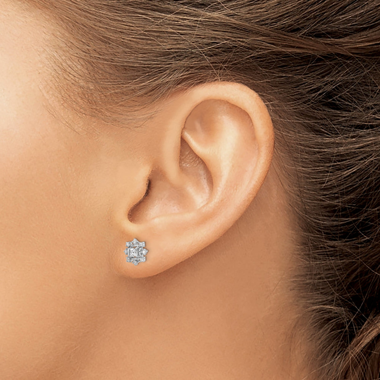Sterling Silver Stud Earrings with Square-Cut Cubic Zirconia and Floral Snowflake Design
