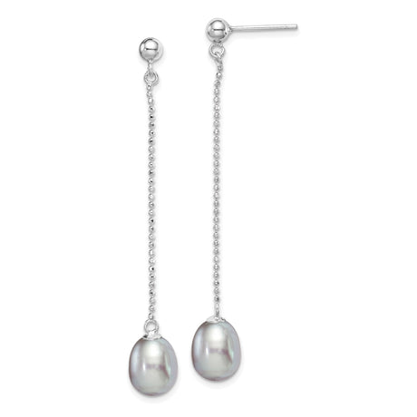 Sterling Silver Dangle Earrings with White Freshwater Pearls, Long Linear Minimalist Design