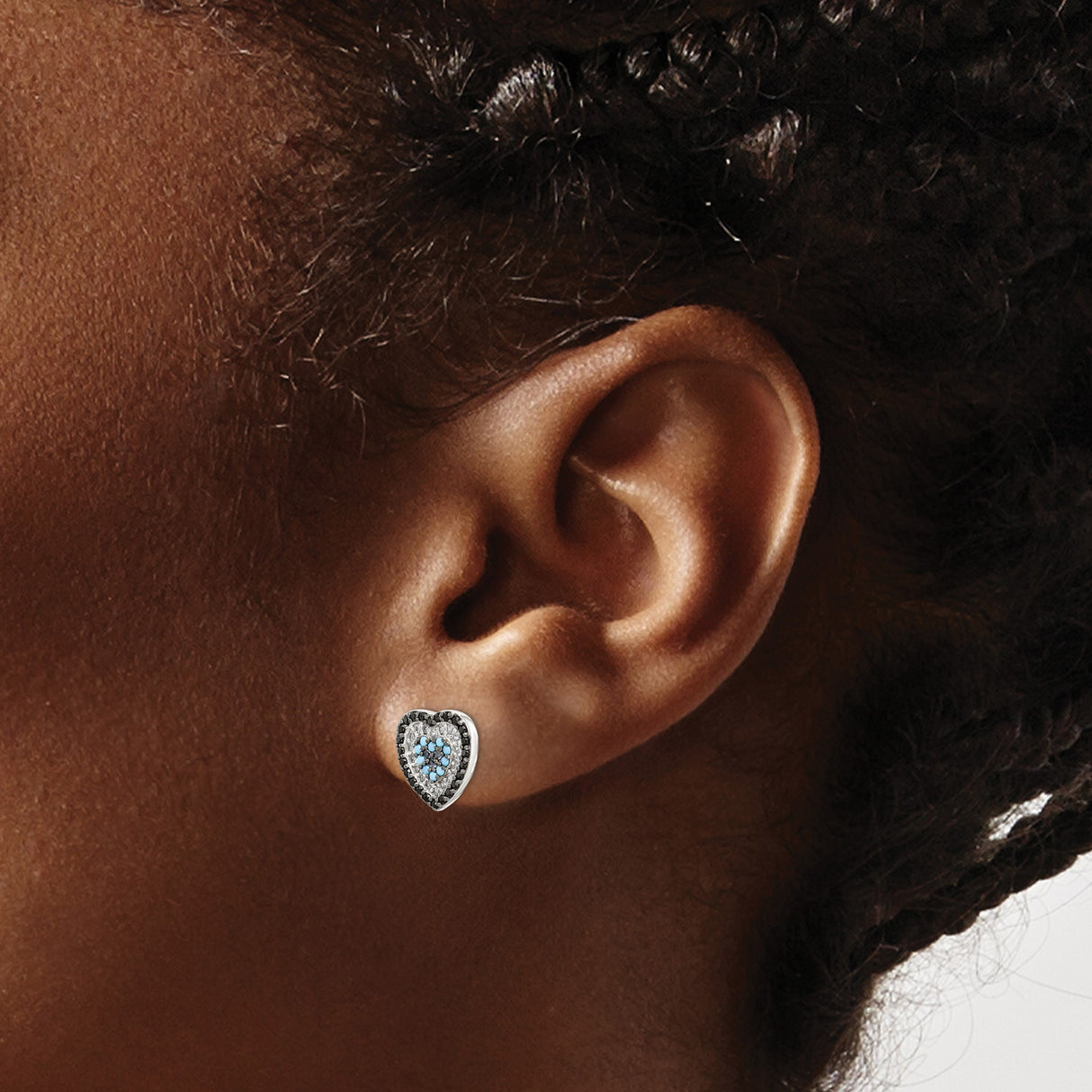 Sterling Silver Heart Stud Earrings with Black, White, and Light Blue Cubic Zirconia
