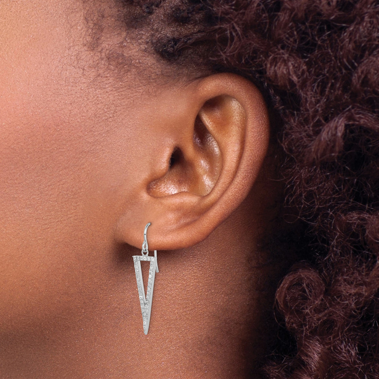 Sterling Silver Triangle Dangle Earrings with Cubic Zirconia, Open Geometric Drop Style