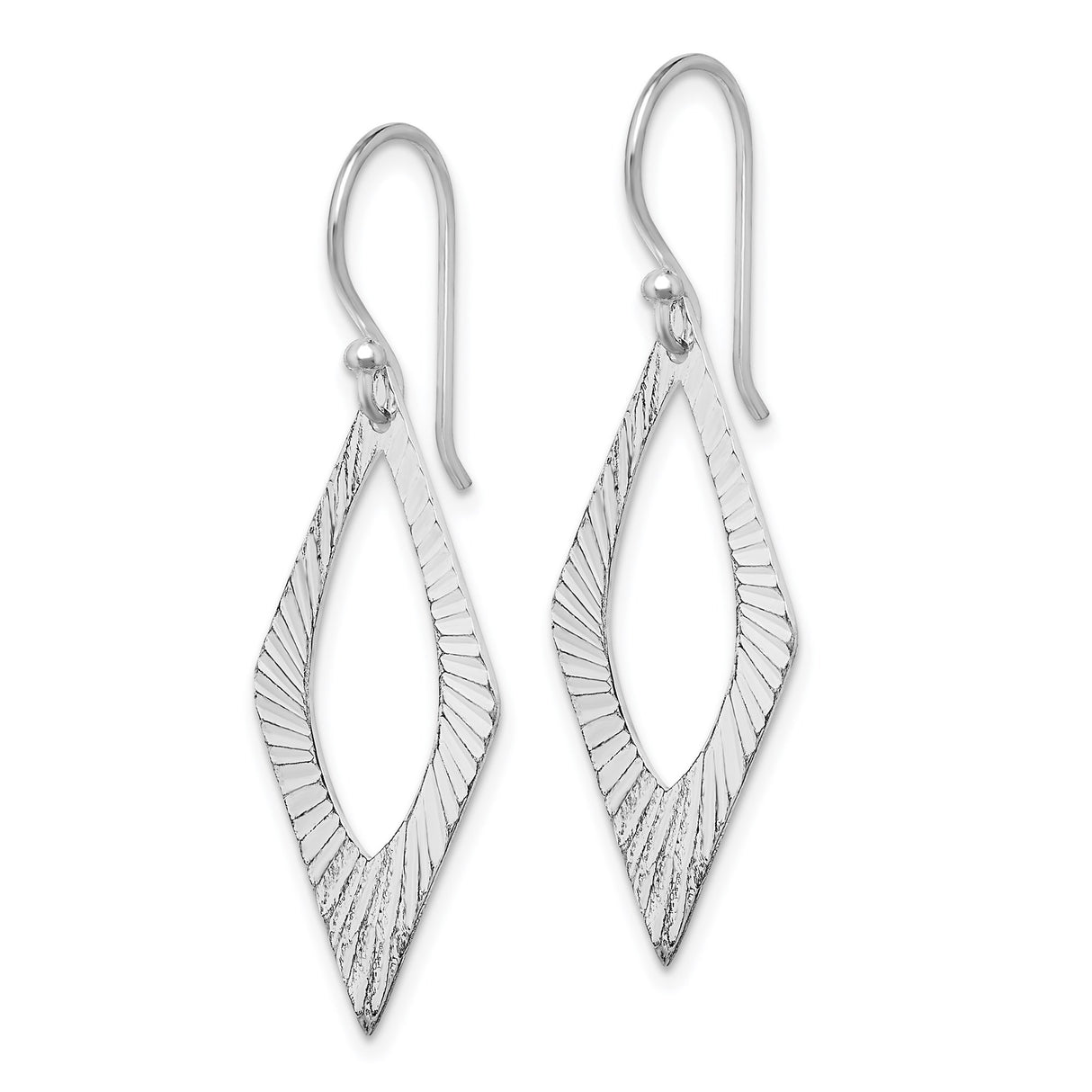 Sterling Silver Dangle Earrings with Elongated Diamond Shape and Textured Radiating Lines