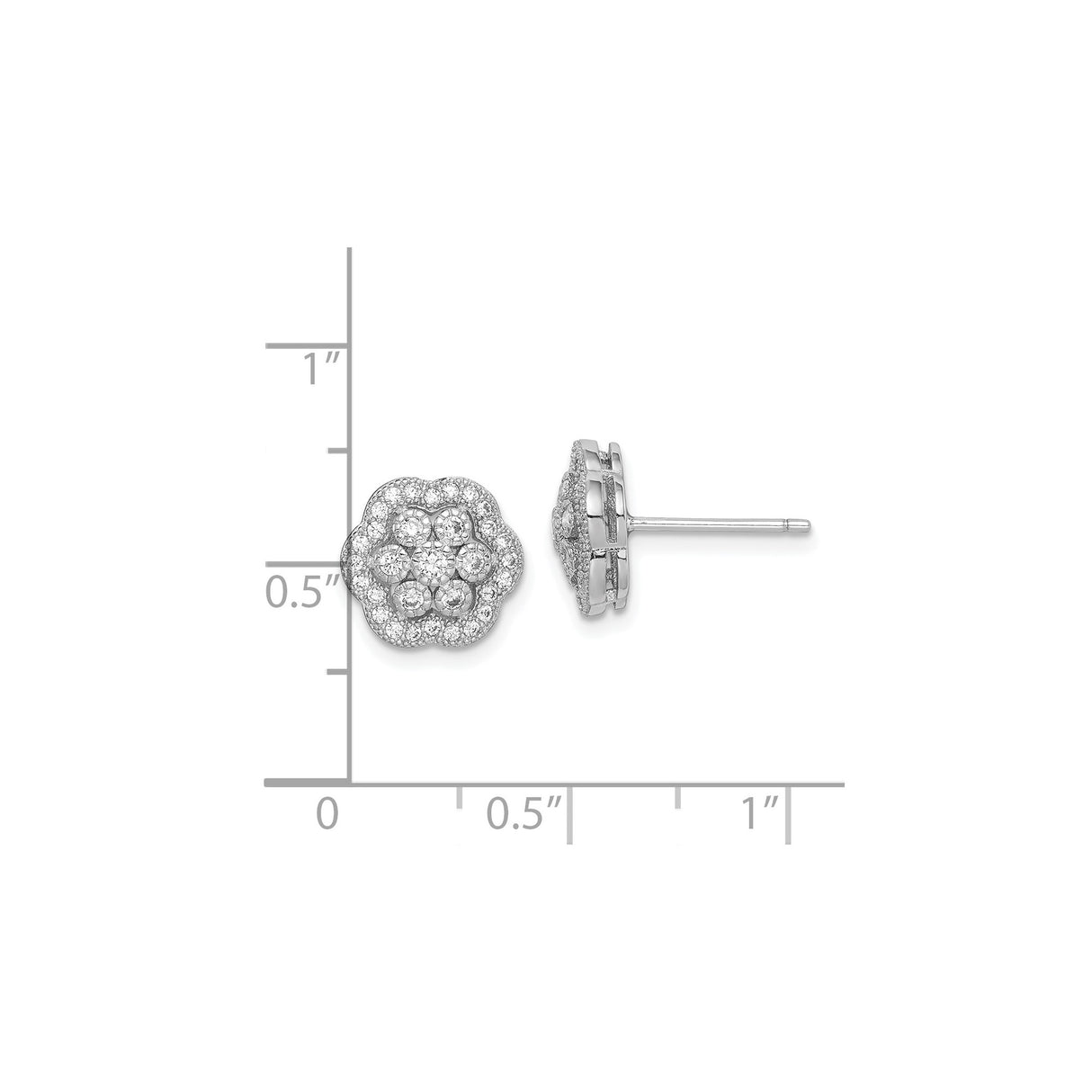 Sterling Silver Flower Stud Earrings with Cubic Zirconia Cluster in Layered Floral Design