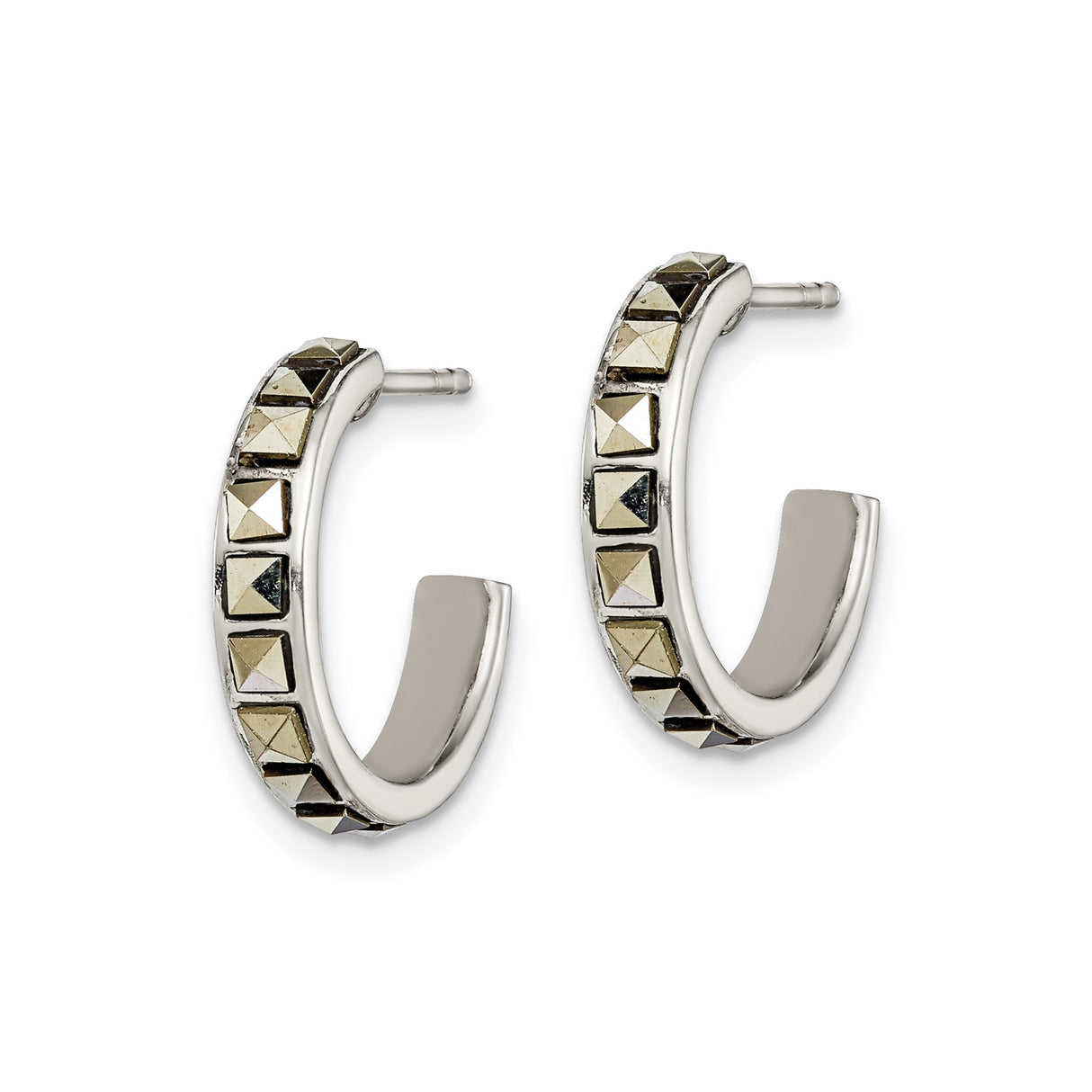 Sterling Silver Hoop Earrings with Pyramid Cut Marcasite, Geometric Modern Design