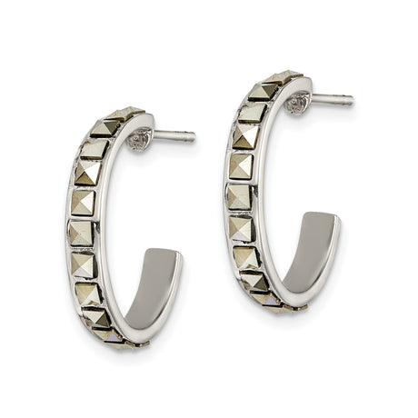 Sterling Silver Hoop Earrings with Marcasite, Square Pyramid Studded Design, Modern Geometric Style