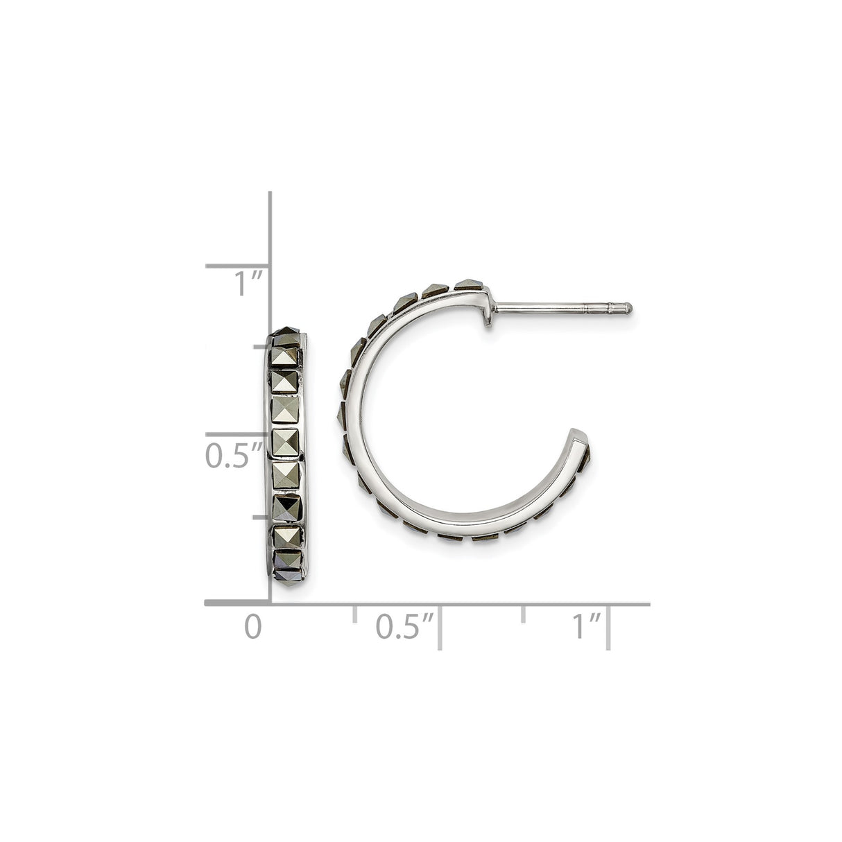 Sterling Silver Hoop Earrings with Marcasite, Square Pyramid Studded Design, Modern Geometric Style