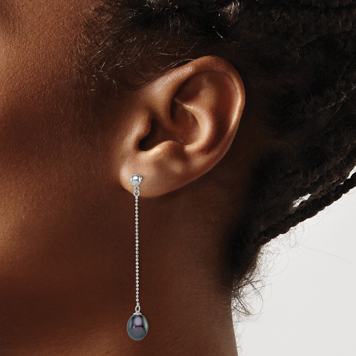 Sterling Silver Dangle Earrings with Dark Freshwater Pearls, Long Chain Drop Design