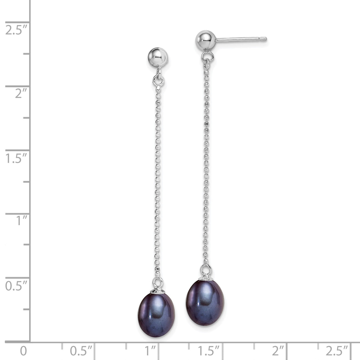 Sterling Silver Dangle Earrings with Dark Freshwater Pearls, Long Chain Drop Design