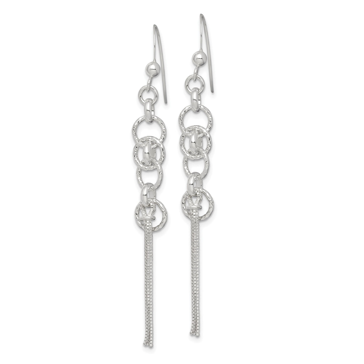 Sterling Silver Dangle Earrings with Interlocking Circles and Chain Tassels, Long Drop Design