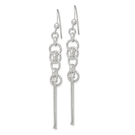 Sterling Silver Dangle Earrings with Interlocking Circles and Chain Tassels, Long Drop Design