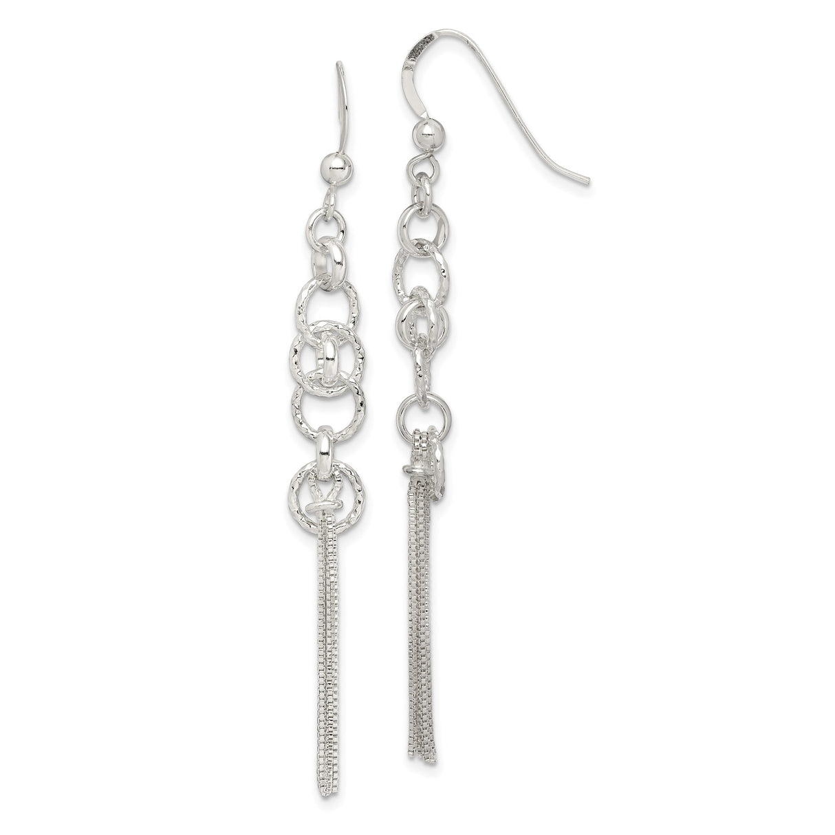 Sterling Silver Dangle Earrings with Interlocking Circles and Chain Tassels, Long Drop Design