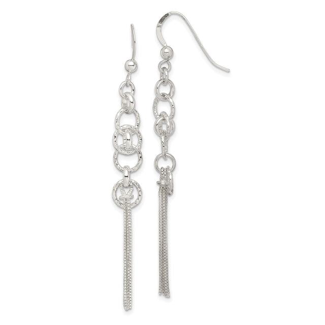 Sterling Silver Dangle Earrings with Interlocking Circles and Chain Tassels, Long Drop Design