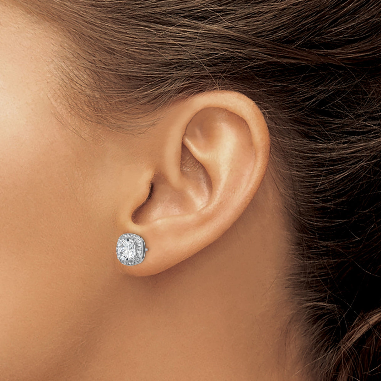 Sterling Silver Stud Earrings with Cushion Cut Cubic Zirconia and Halo Accents