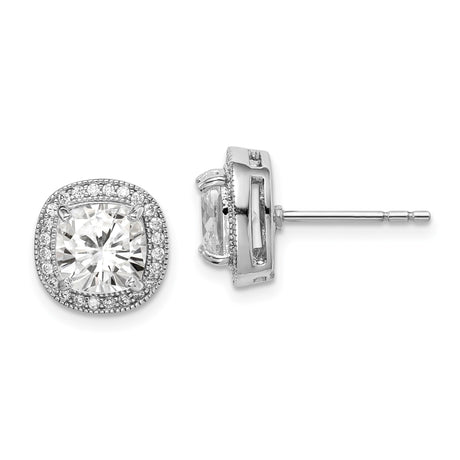 Sterling Silver Stud Earrings with Cushion Cut Cubic Zirconia and Halo Accents