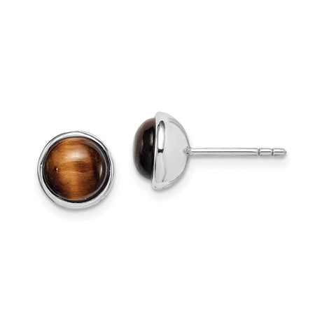 Sterling Silver Stud Earrings with Round Tigers Eye Cabochon Stones for Women and Unisex Wear, Natural Gemstone Spiritual Jewelry, Healing Energy Crystal Studs for Grounding Confidence and Protection