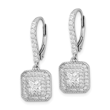 Sterling Silver Drop Earrings with Princess Cut Cubic Zirconia and Halo Design Leverbacks
