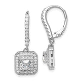 Sterling Silver Drop Earrings with Princess Cut Cubic Zirconia and Halo Design Leverbacks