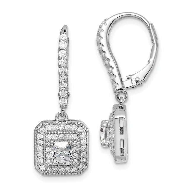 Sterling Silver Drop Earrings with Princess Cut Cubic Zirconia and Halo Design Leverbacks