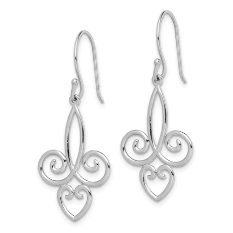 Sterling Silver Dangle Earrings with Openwork Fleur de Lis and Heart Motif