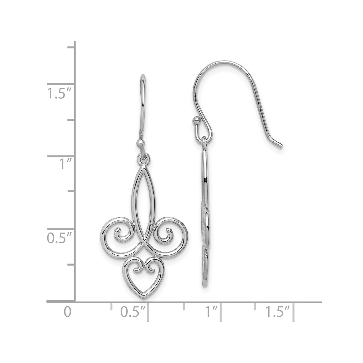 Sterling Silver Dangle Earrings with Openwork Fleur de Lis and Heart Motif