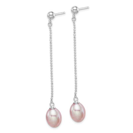 Sterling Silver Drop Earrings with Pink Freshwater Pearls, Delicate Chain Dangle Design