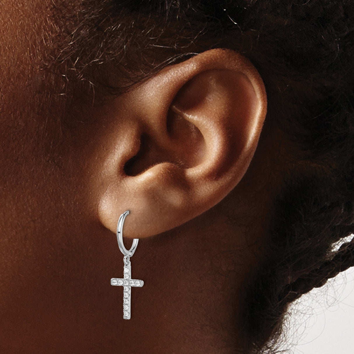 Sterling Silver Cross Hoop Earrings with Cubic Zirconia Dangle Charm, Rhodium Plated Religious Jewelry