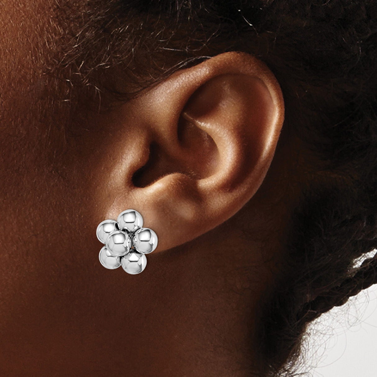 Sterling Silver Stud Earrings with Polished Silver Spheres in Floral Cluster Design