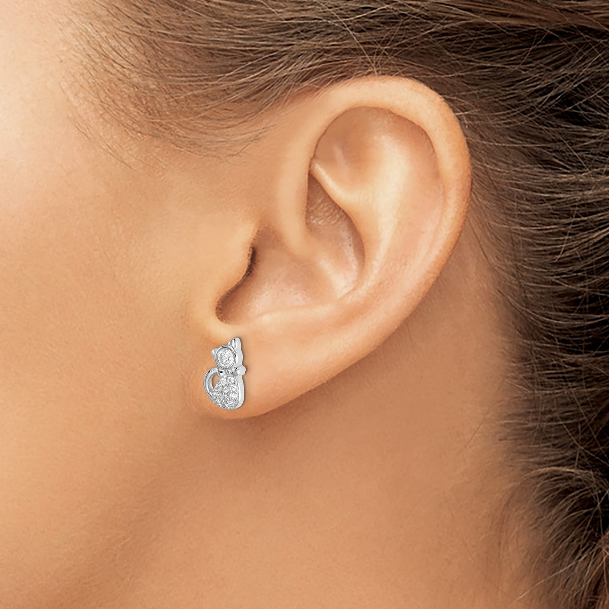 Sterling Silver Cat Stud Earrings with Clear Cubic Zirconia, Whimsical Feline Design