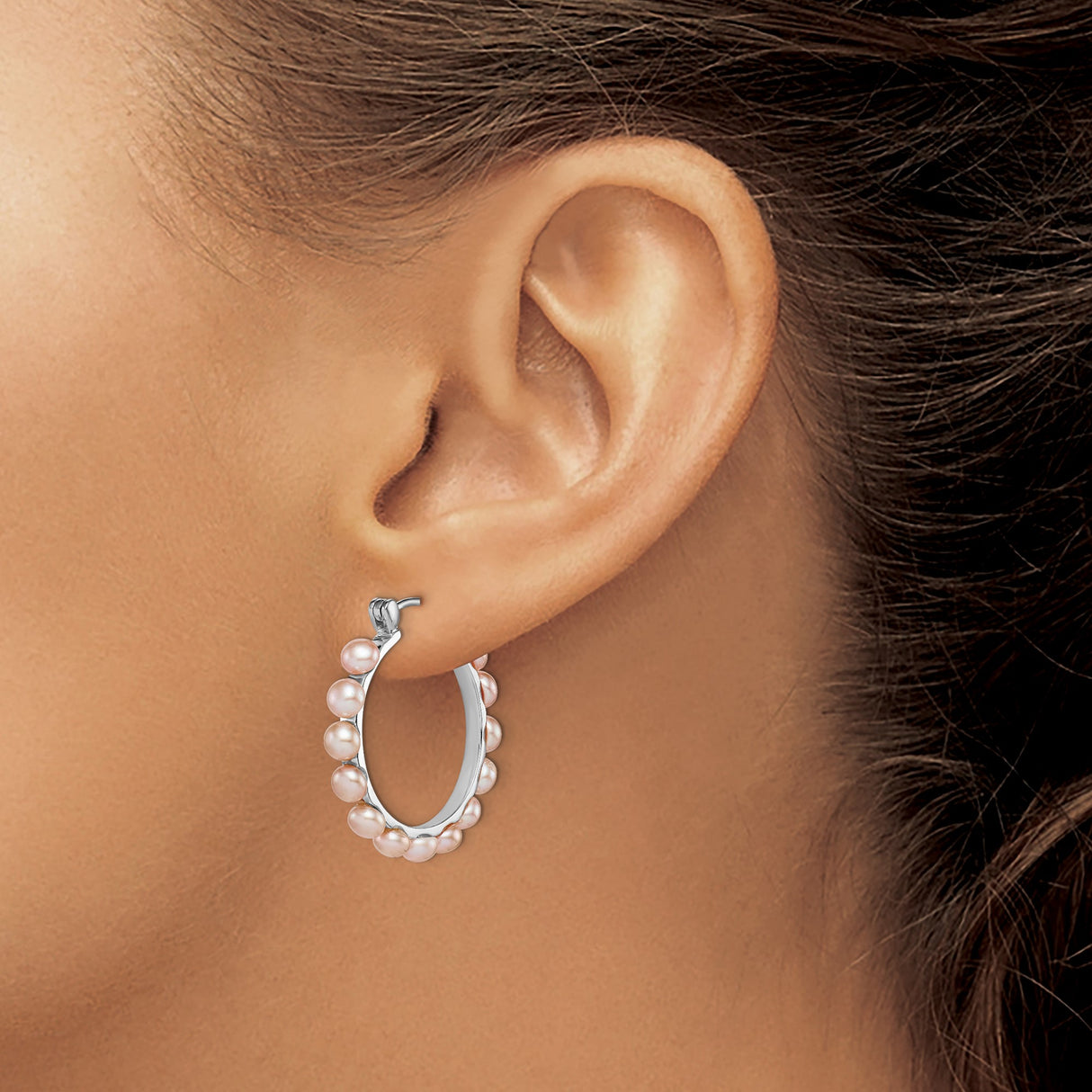 Sterling Silver Hoop Earrings with Pink Freshwater Cultured Pearls, Rhodium Finish