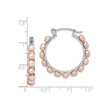 Sterling Silver Hoop Earrings with Pink Freshwater Cultured Pearls, Rhodium Finish