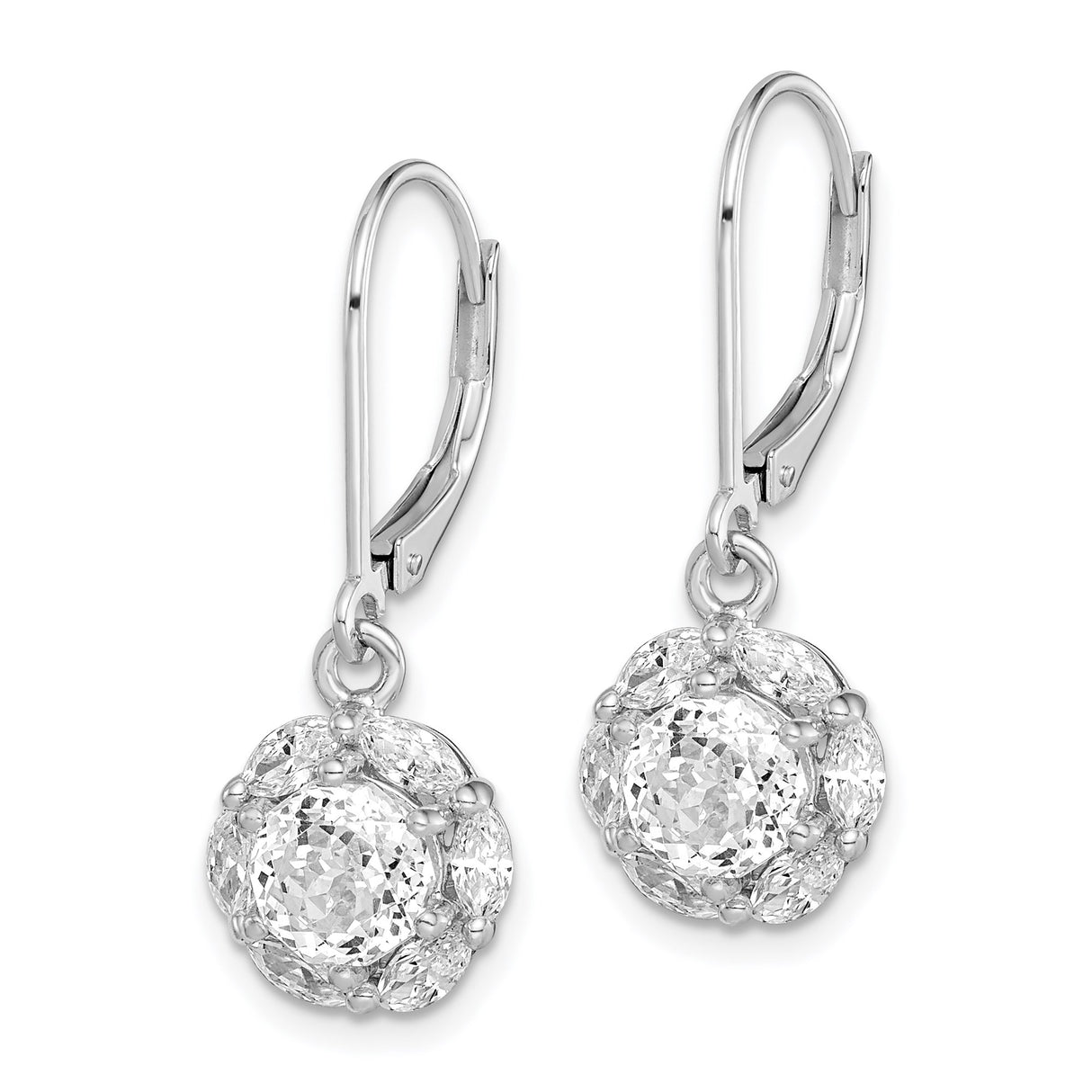 Sterling Silver Drop Earrings with Cubic Zirconia, Floral Halo Design, Leverback Closures