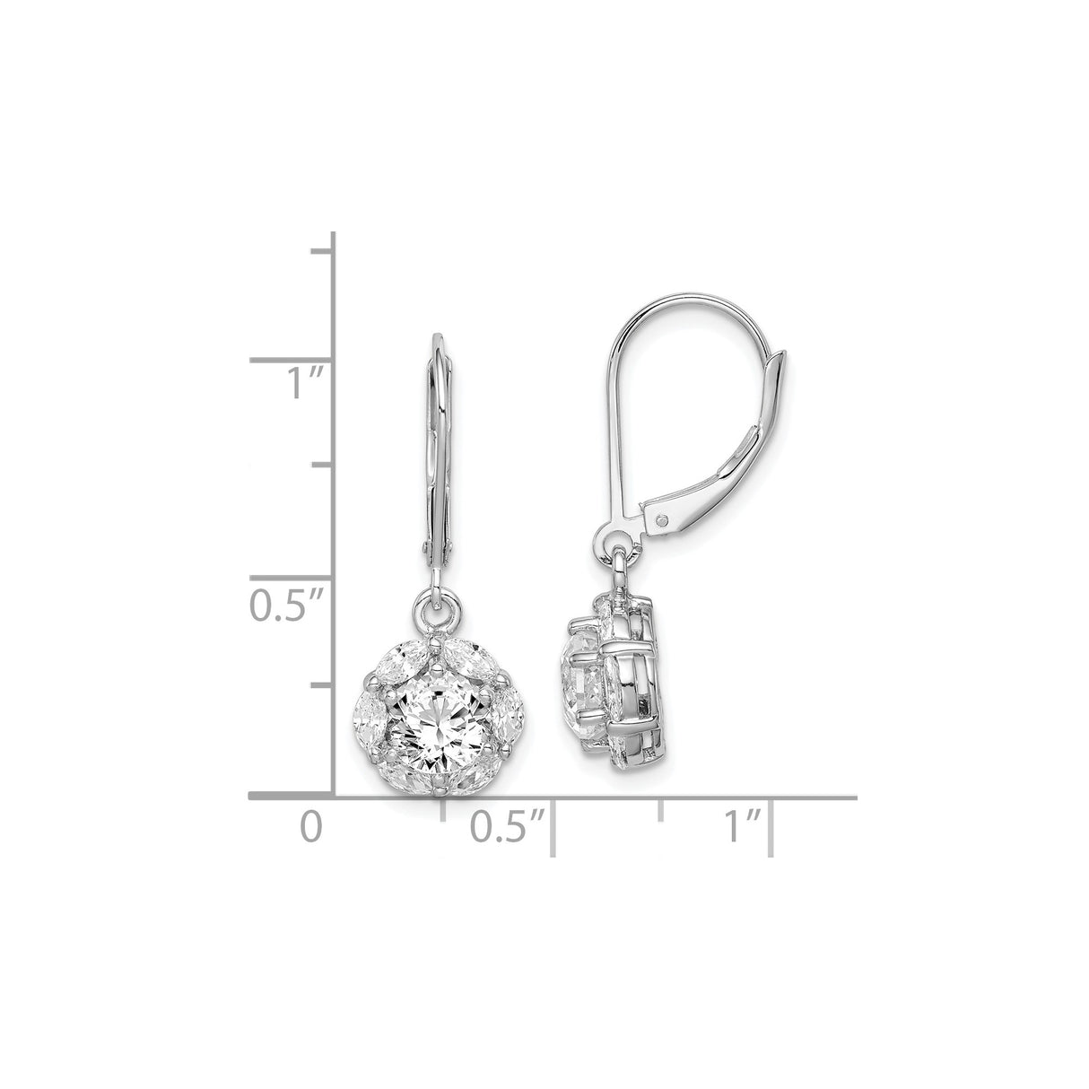Sterling Silver Drop Earrings with Cubic Zirconia, Floral Halo Design, Leverback Closures