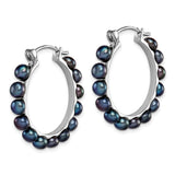 Sterling Silver Hoop Earrings with Black Freshwater Pearls, Rhodium Plated Medium Hoops