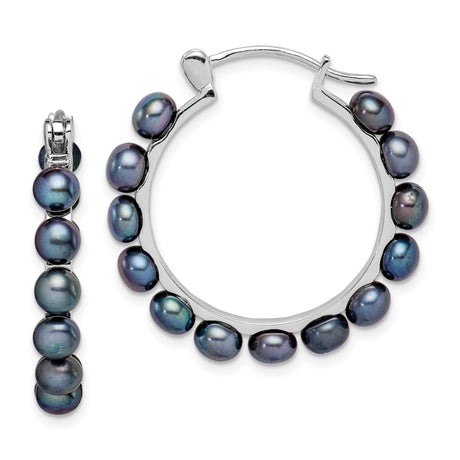 Sterling Silver Hoop Earrings with Black Freshwater Pearls, Rhodium Plated Medium Hoops