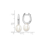 Sterling Silver Drop Earrings with Oval White Freshwater Pearls, Minimalist Hoop Design