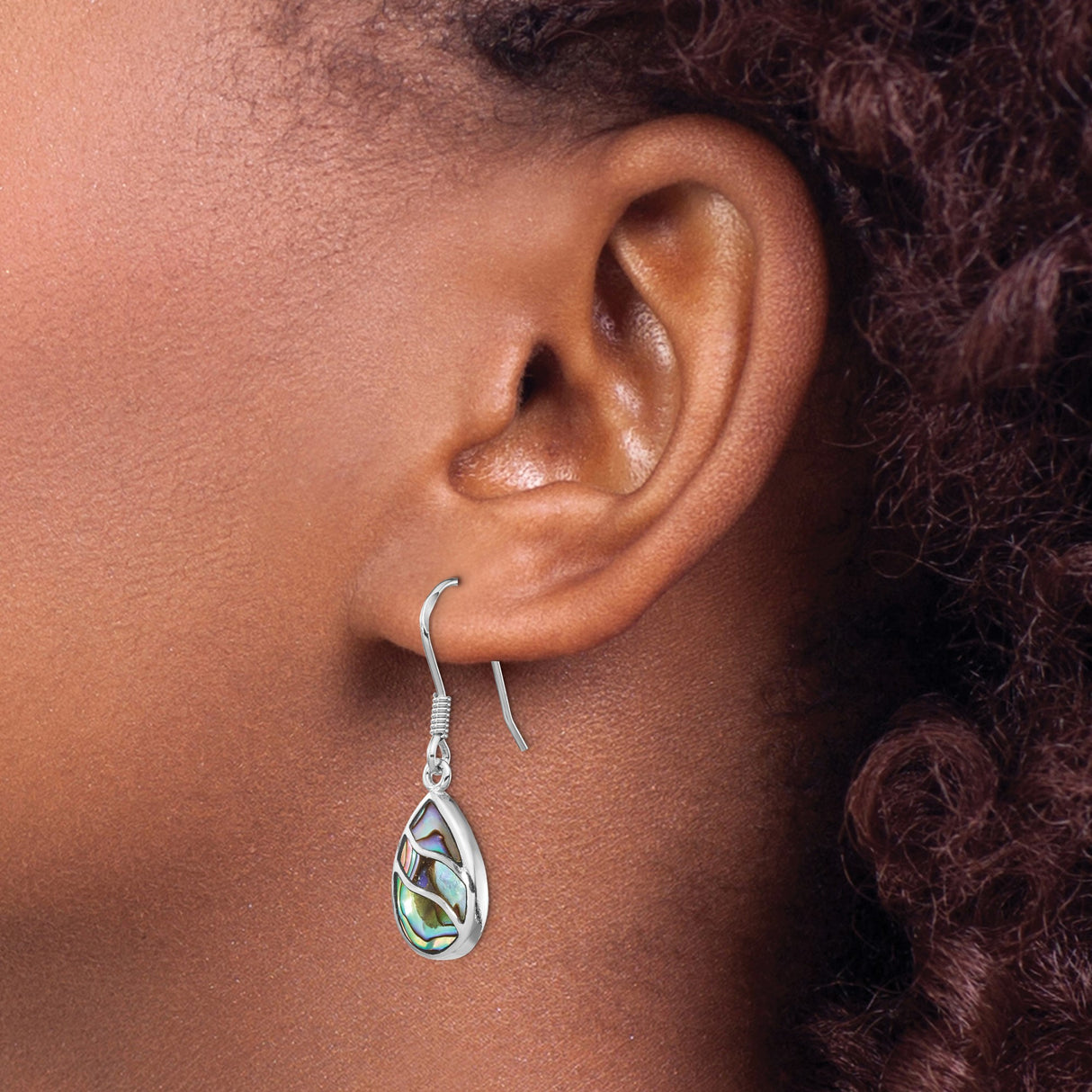 Sterling Silver Dangle Earrings with Teardrop Abalone Shell, Wave Design, Ocean Motif, Boho Style
